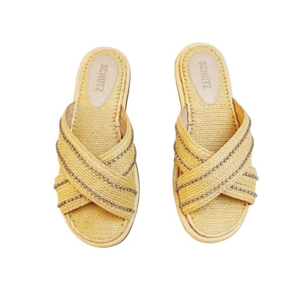 Schutz Carlotta Canvas Straw Sandal Size 8.5 MINT - Picture 1 of 6
